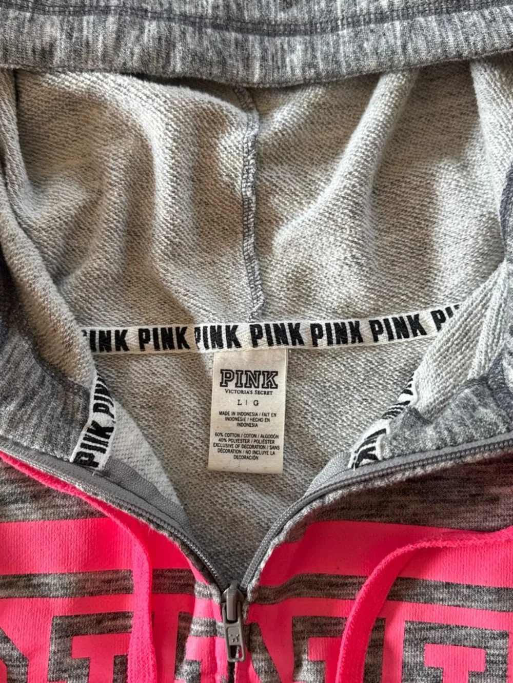 PINK Victoria's Secret Gray & Hot Pink Hooded Sweatshirt - Picture 4 of 6